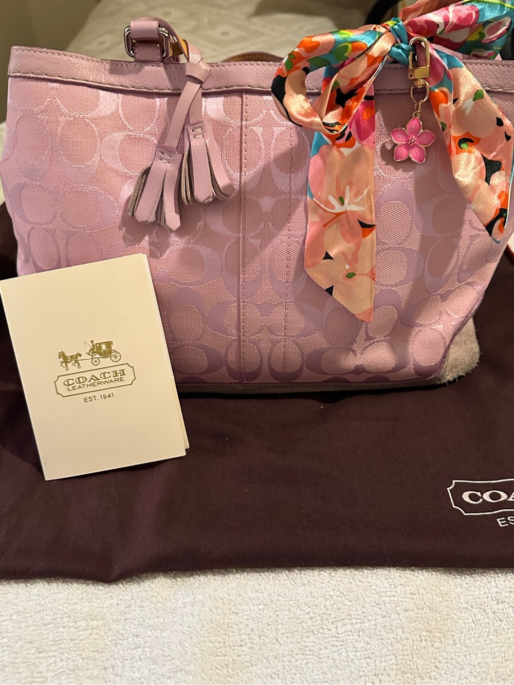Coach Pink Signature Jacquard Tote with Floral Scarf Accent - Picture 5 of 15